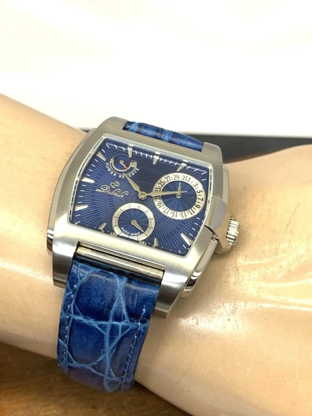 Duboule Men's Watch 2489-3 Automatic Blue Dial Power Reserve Leather Strap 40mm